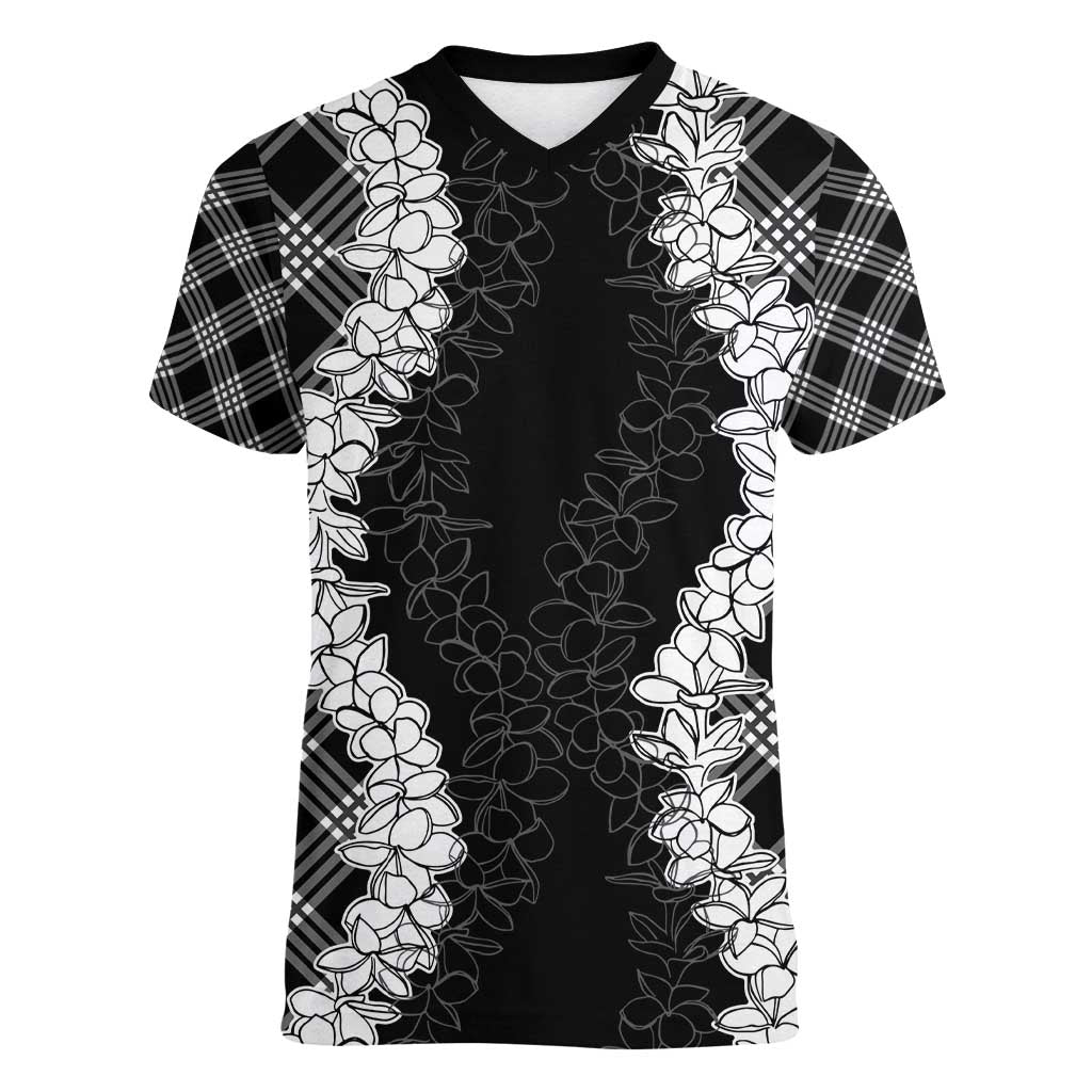 Hawaii Aloha Plumeria Lei Black Palaka Women V-Neck T-Shirt - Polynesian Pride