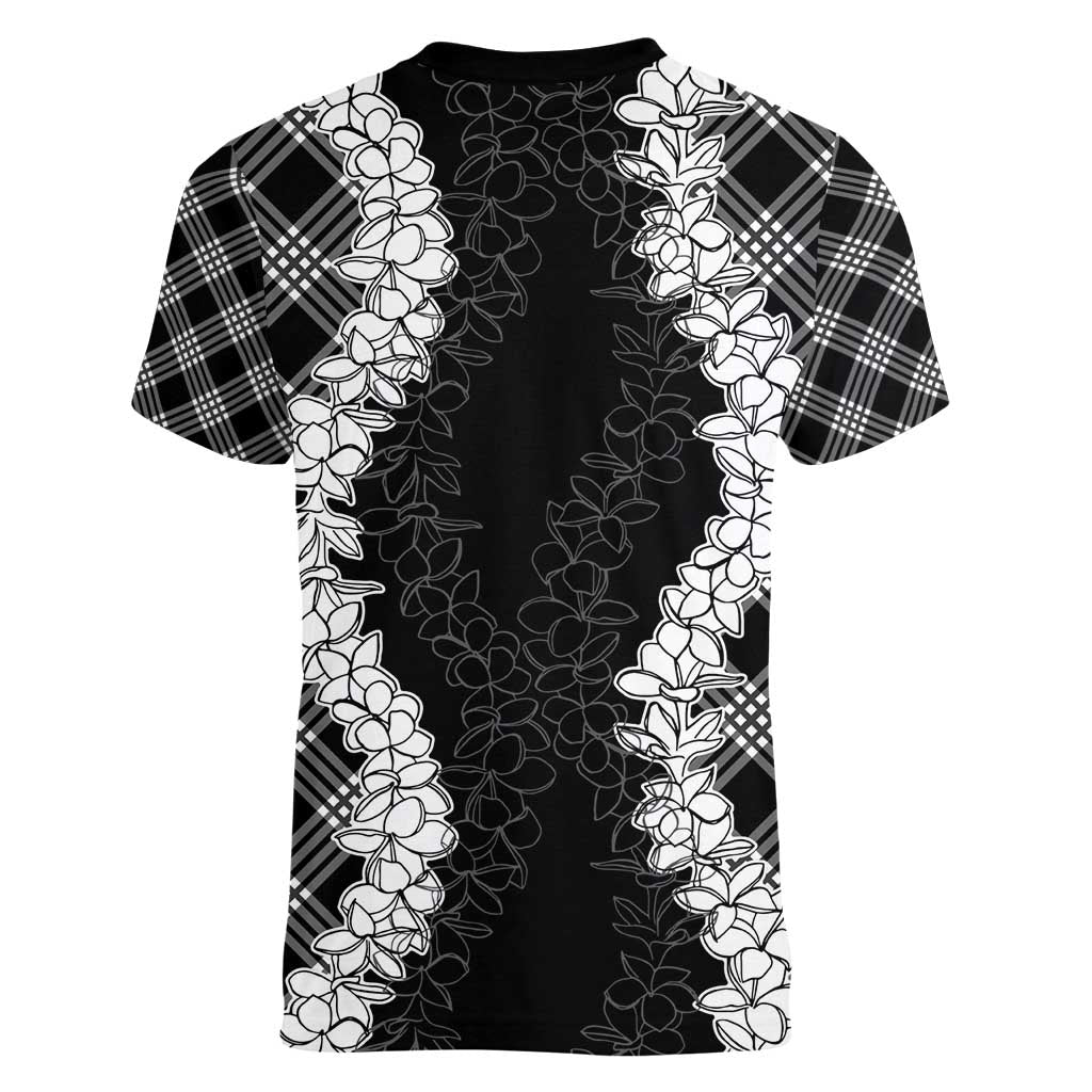 Hawaii Aloha Plumeria Lei Black Palaka Women V-Neck T-Shirt - Polynesian Pride