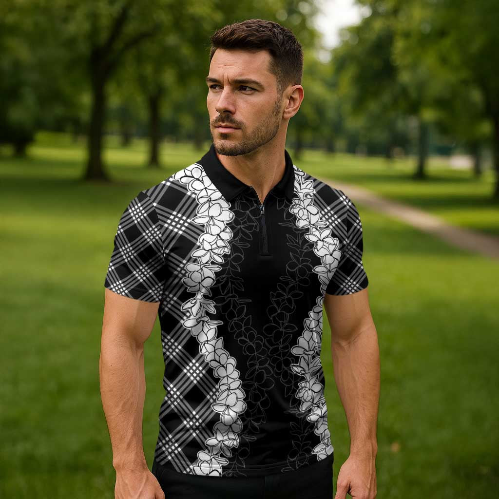 Hawaii Aloha Plumeria Lei Black Palaka Zipper Polo Shirt - Polynesian Pride