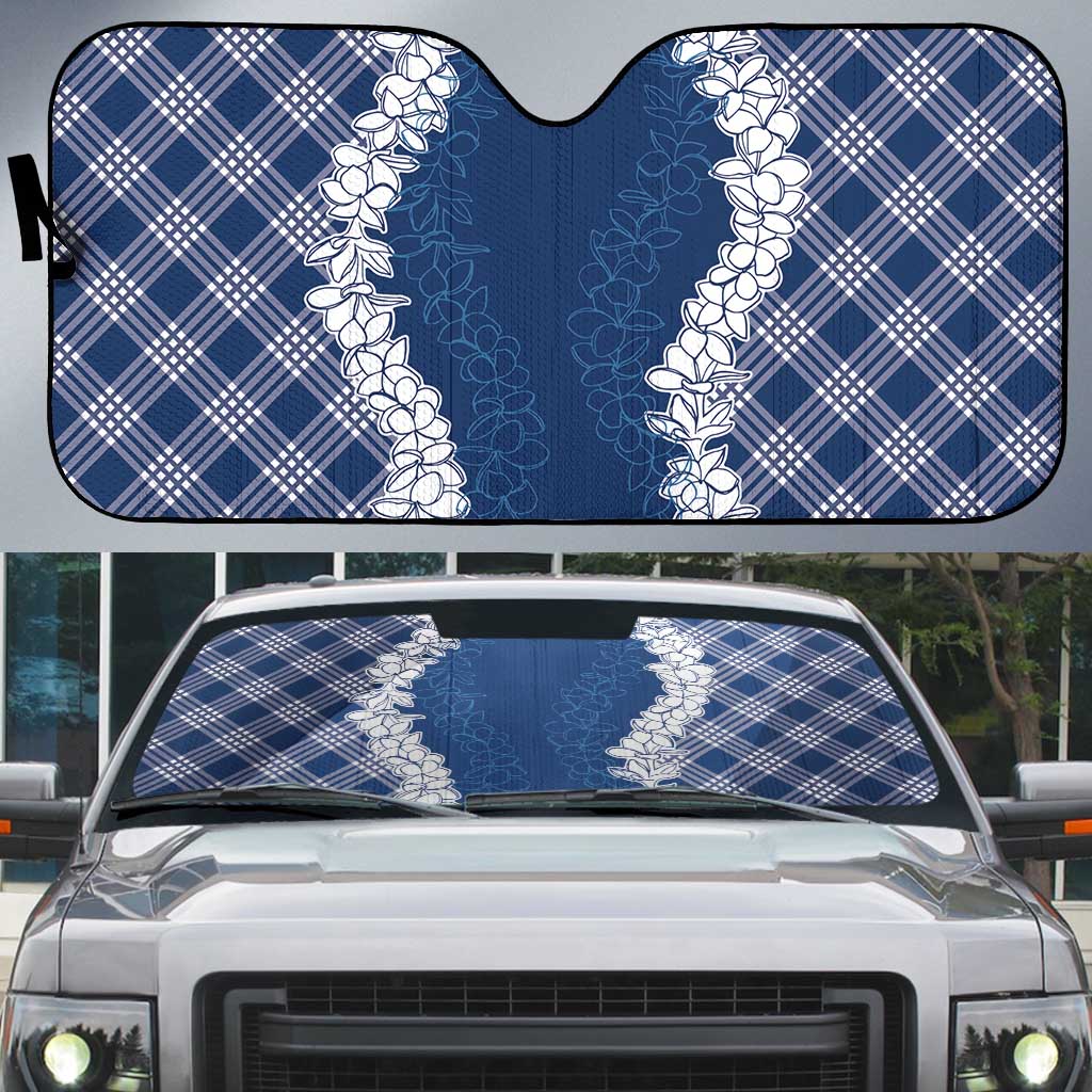 Hawaii Aloha Plumeria Lei Navy Palaka Auto Sun Shade - Polynesian Pride