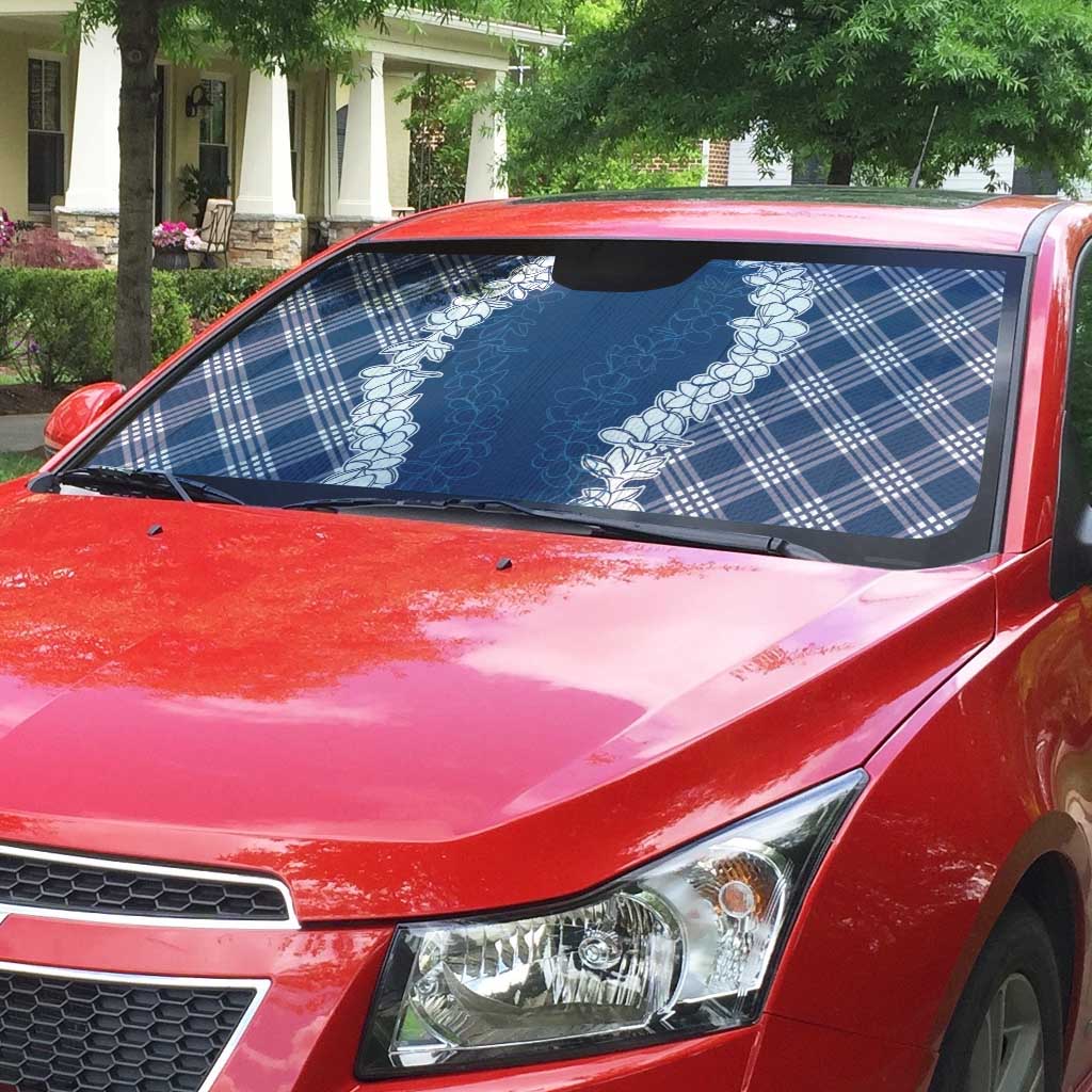 Hawaii Aloha Plumeria Lei Navy Palaka Auto Sun Shade - Polynesian Pride