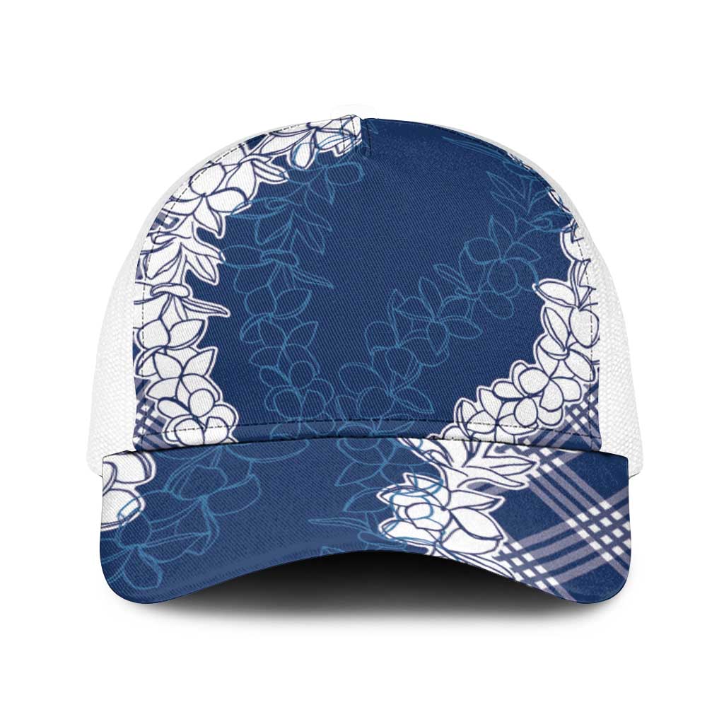 Hawaii Aloha Plumeria Lei Navy Palaka Baseball Net Cap - Polynesian Pride