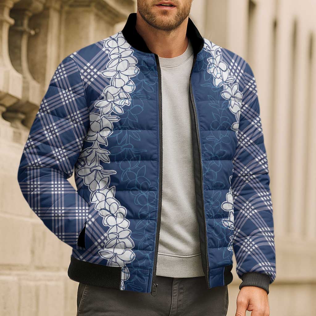 Hawaii Aloha Plumeria Lei Navy Palaka Bomber Puffer Jacket - Polynesian Pride
