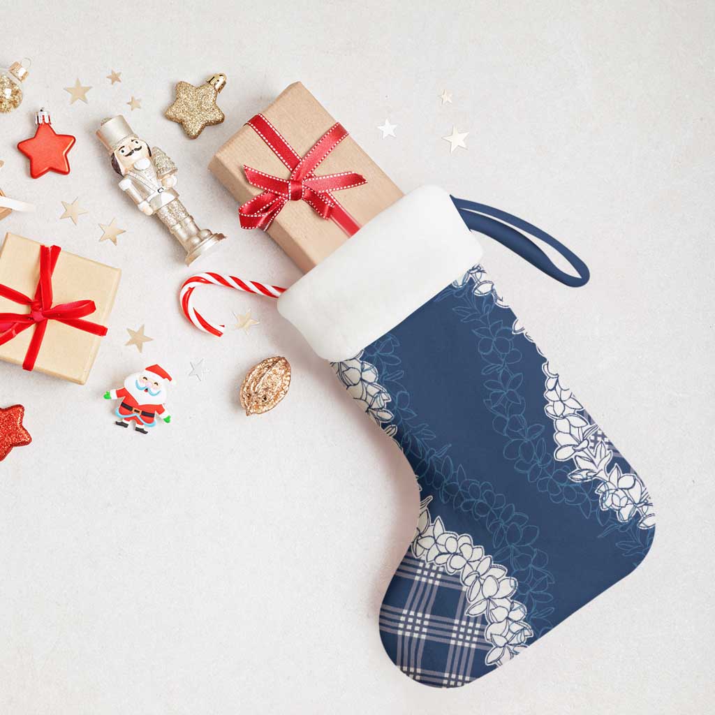 Hawaii Aloha Plumeria Lei Navy Palaka Christmas Stocking - Polynesian Pride