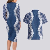 Hawaii Aloha Plumeria Lei Navy Palaka Couples Matching Long Sleeve Bodycon Dress and Hawaiian Shirt LT7 - Polynesian Pride