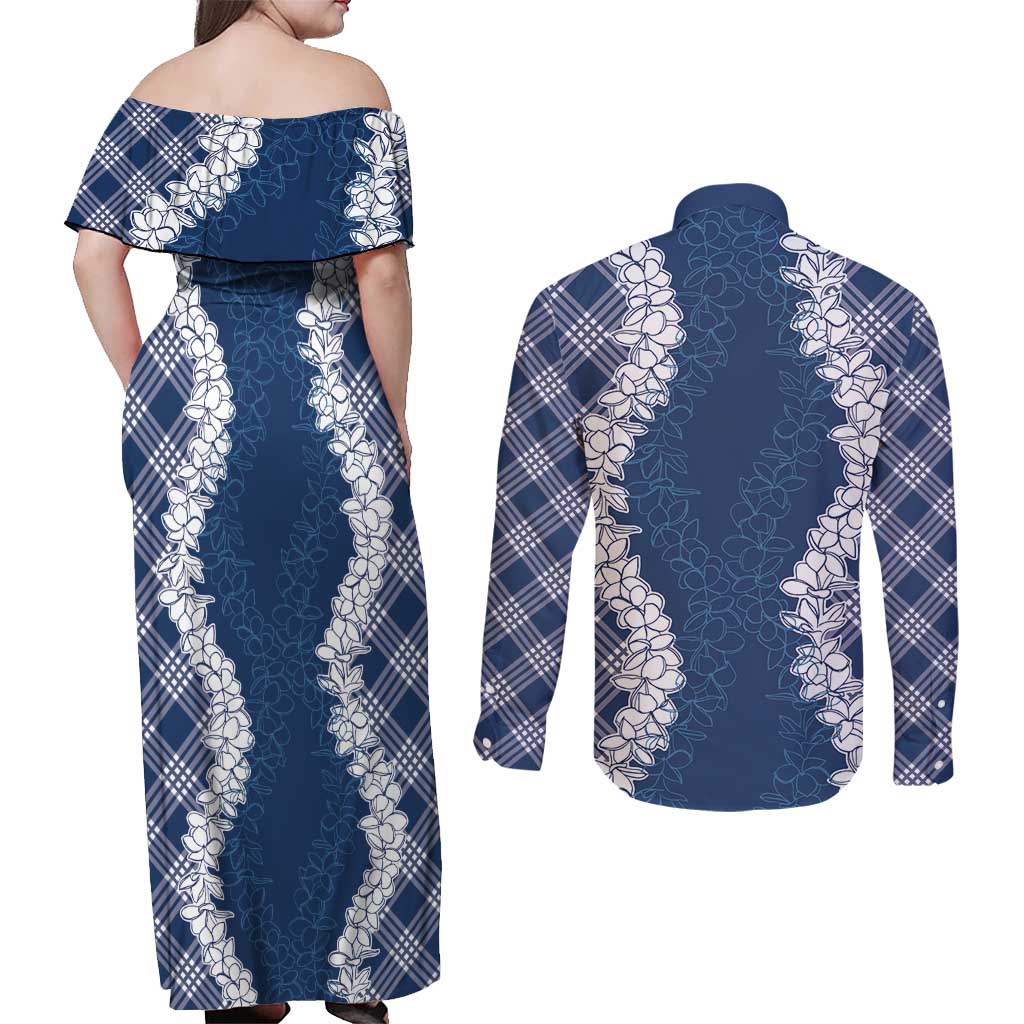 Hawaii Aloha Plumeria Lei Navy Palaka Couples Matching Off Shoulder Maxi Dress and Long Sleeve Button Shirt - Polynesian Pride