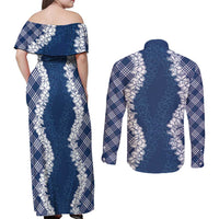 Hawaii Aloha Plumeria Lei Navy Palaka Couples Matching Off Shoulder Maxi Dress and Long Sleeve Button Shirt - Polynesian Pride