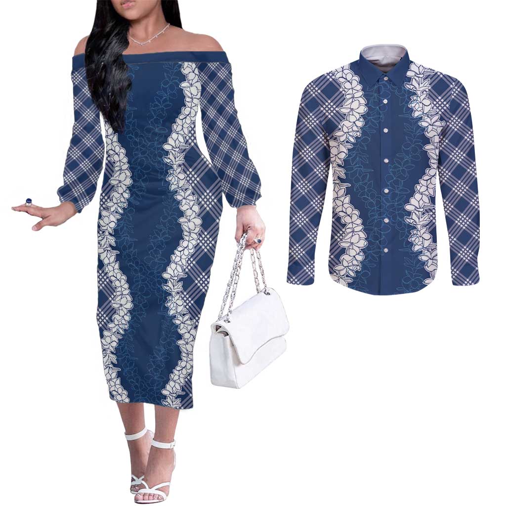 Hawaii Aloha Plumeria Lei Navy Palaka Couples Matching Off The Shoulder Long Sleeve Dress and Long Sleeve Button Shirt - Polynesian Pride