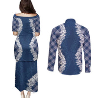 Hawaii Aloha Plumeria Lei Navy Palaka Couples Matching Puletasi and Long Sleeve Button Shirt LT7 - Polynesian Pride