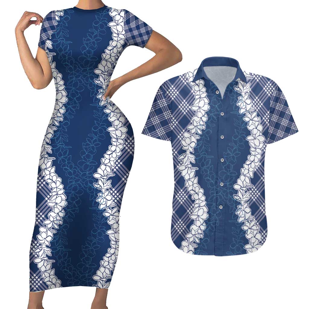 Hawaii Aloha Plumeria Lei Navy Palaka Couples Matching Short Sleeve Bodycon Dress and Hawaiian Shirt LT7 Navy Blue - Polynesian Pride