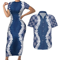 Hawaii Aloha Plumeria Lei Navy Palaka Couples Matching Short Sleeve Bodycon Dress and Hawaiian Shirt LT7 Navy Blue - Polynesian Pride
