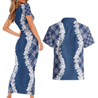 Hawaii Aloha Plumeria Lei Navy Palaka Couples Matching Short Sleeve Bodycon Dress and Hawaiian Shirt LT7 - Polynesian Pride