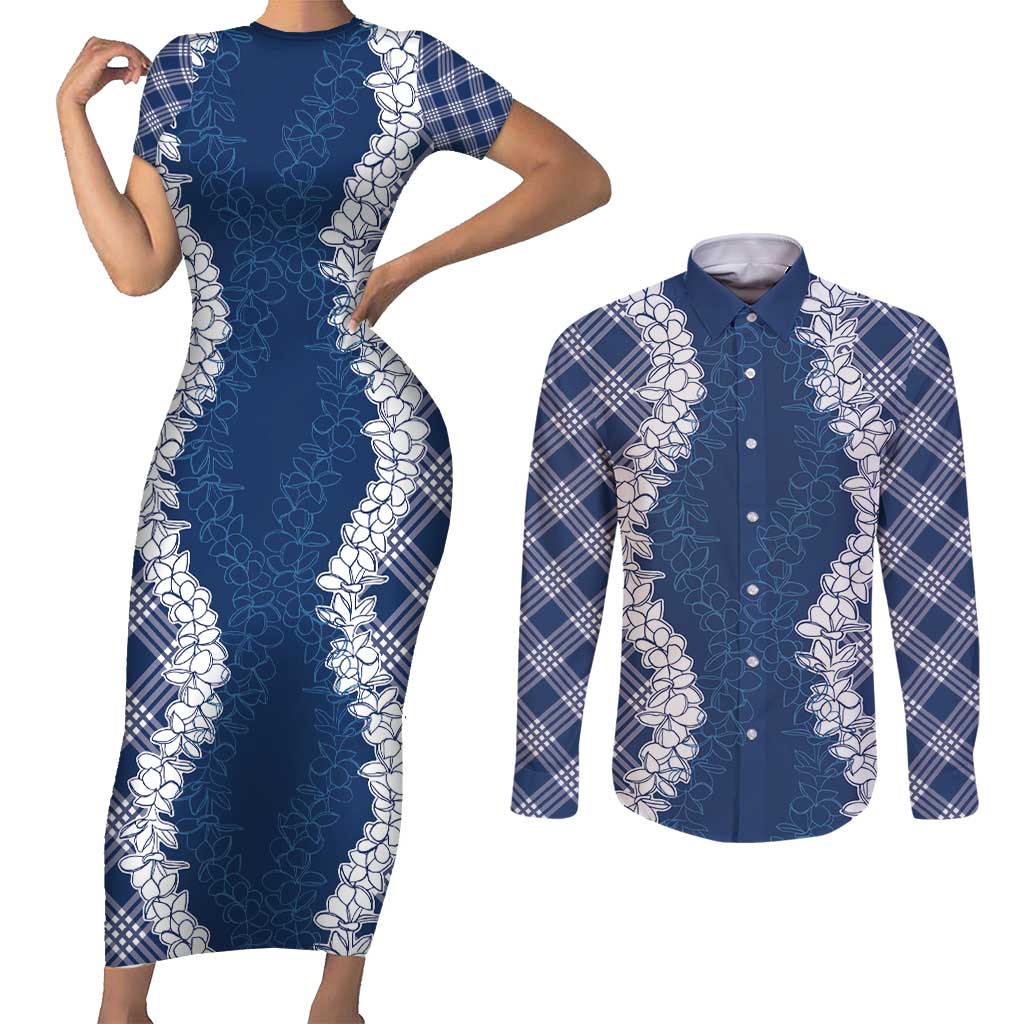 Hawaii Aloha Plumeria Lei Navy Palaka Couples Matching Short Sleeve Bodycon Dress and Long Sleeve Button Shirt - Polynesian Pride