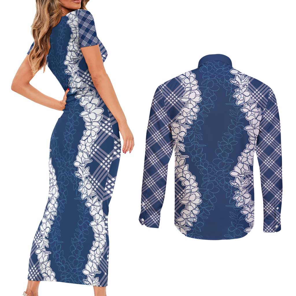 Hawaii Aloha Plumeria Lei Navy Palaka Couples Matching Short Sleeve Bodycon Dress and Long Sleeve Button Shirt - Polynesian Pride