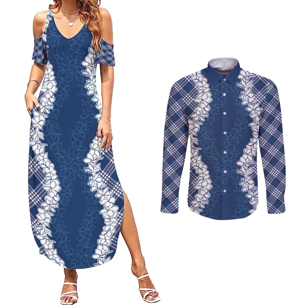 Hawaii Aloha Plumeria Lei Navy Palaka Couples Matching Summer Maxi Dress and Long Sleeve Button Shirt - Polynesian Pride