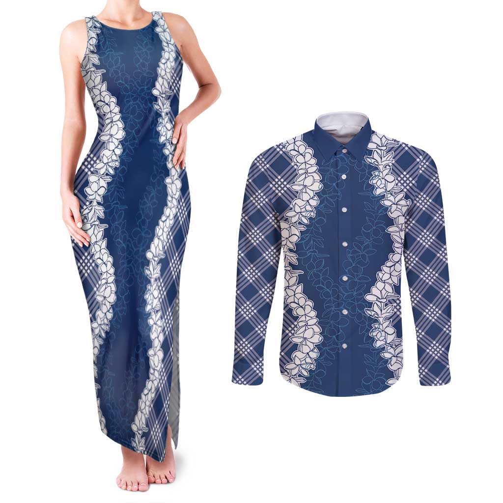 Hawaii Aloha Plumeria Lei Navy Palaka Couples Matching Tank Maxi Dress and Long Sleeve Button Shirt - Polynesian Pride
