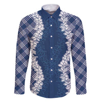 Hawaii Aloha Plumeria Lei Navy Palaka Family Matching Long Sleeve Bodycon Dress and Hawaiian Shirt - Polynesian Pride