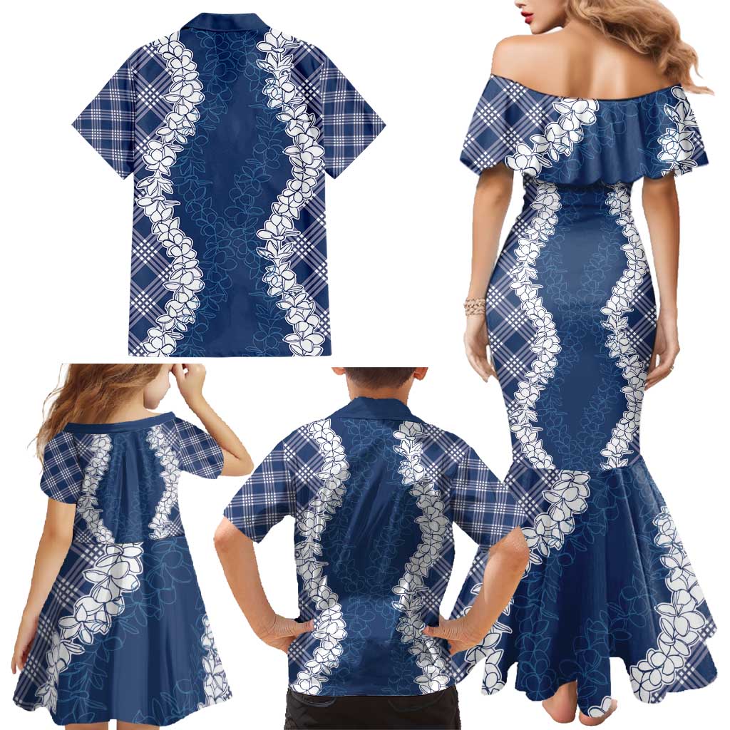 Hawaii Aloha Plumeria Lei Navy Palaka Family Matching Mermaid Dress and Hawaiian Shirt - Polynesian Pride