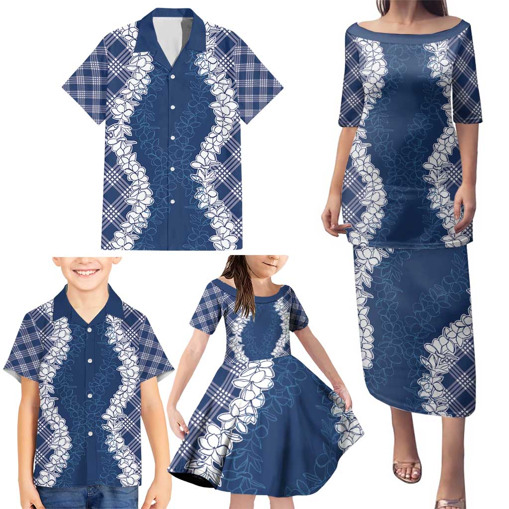 Hawaii Aloha Plumeria Lei Navy Palaka Family Matching Puletasi and Hawaiian Shirt - Polynesian Pride