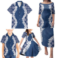 Hawaii Aloha Plumeria Lei Navy Palaka Family Matching Puletasi and Hawaiian Shirt - Polynesian Pride