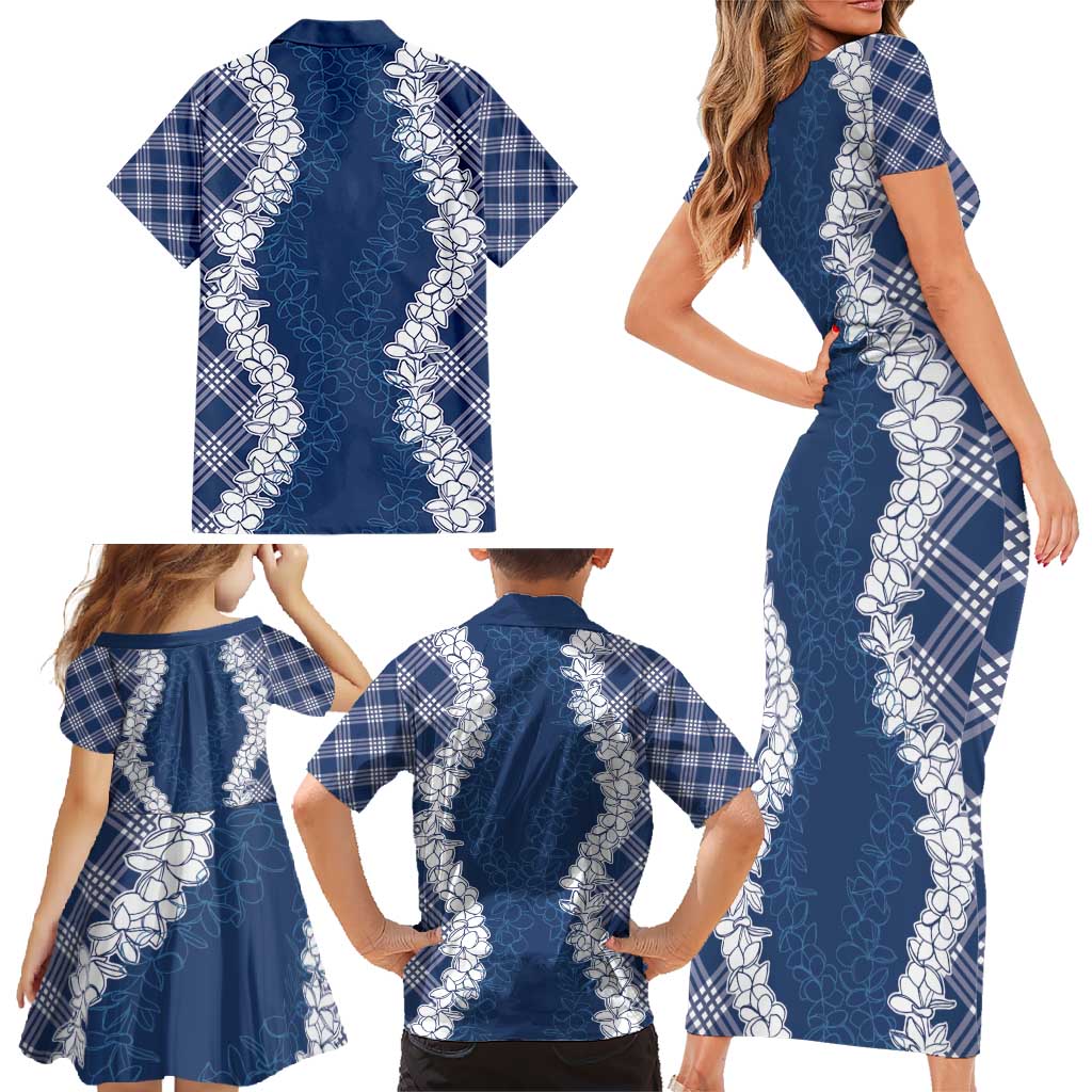 Hawaii Aloha Plumeria Lei Navy Palaka Family Matching Short Sleeve Bodycon Dress and Hawaiian Shirt - Polynesian Pride