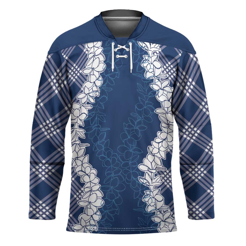 Hawaii Aloha Plumeria Lei Navy Palaka Hockey Jersey LT7 Unisex Navy Blue - Polynesian Pride