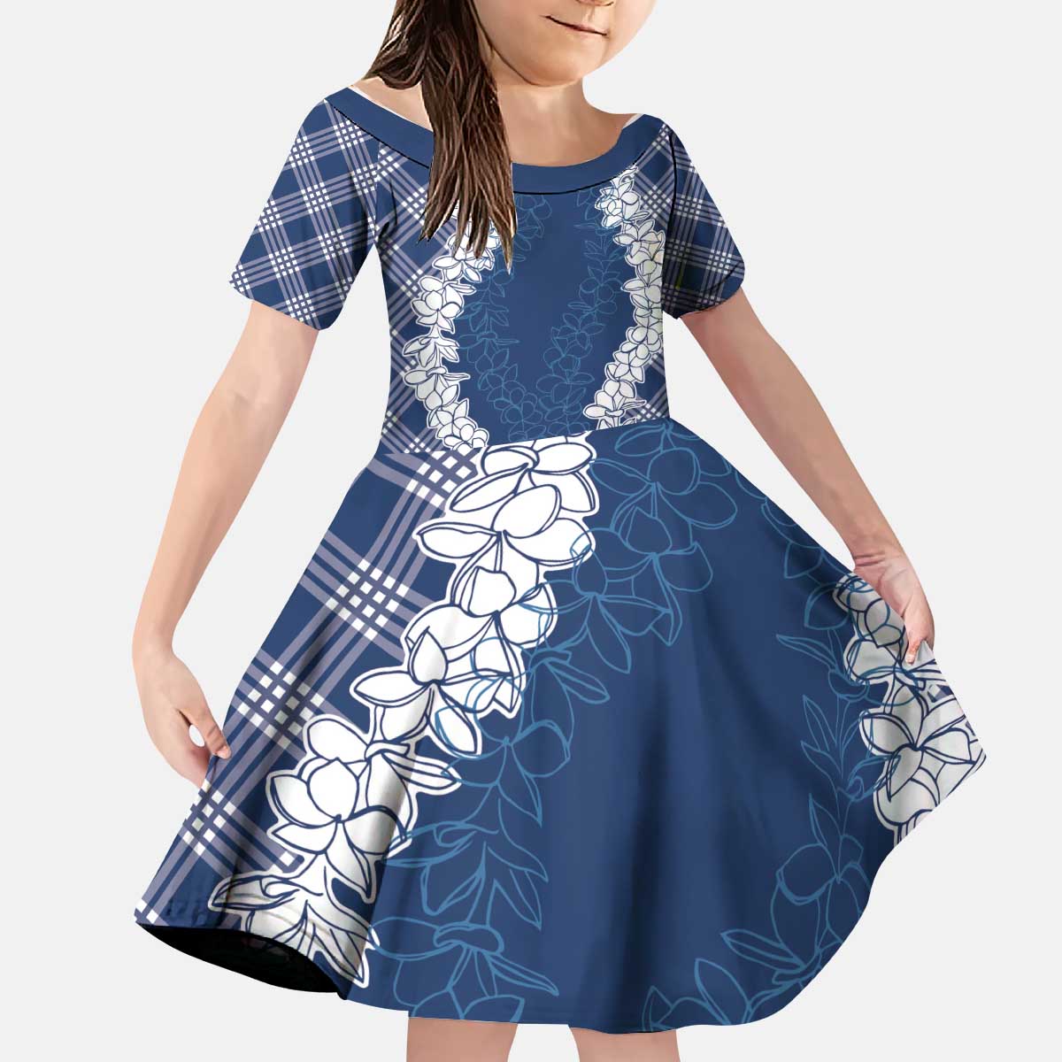 Hawaii Aloha Plumeria Lei Navy Palaka Kid Short Sleeve Dress - Polynesian Pride