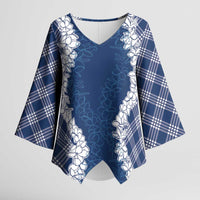 Hawaii Aloha Plumeria Lei Navy Palaka Kimono Sleeve Blouse - Polynesian Pride