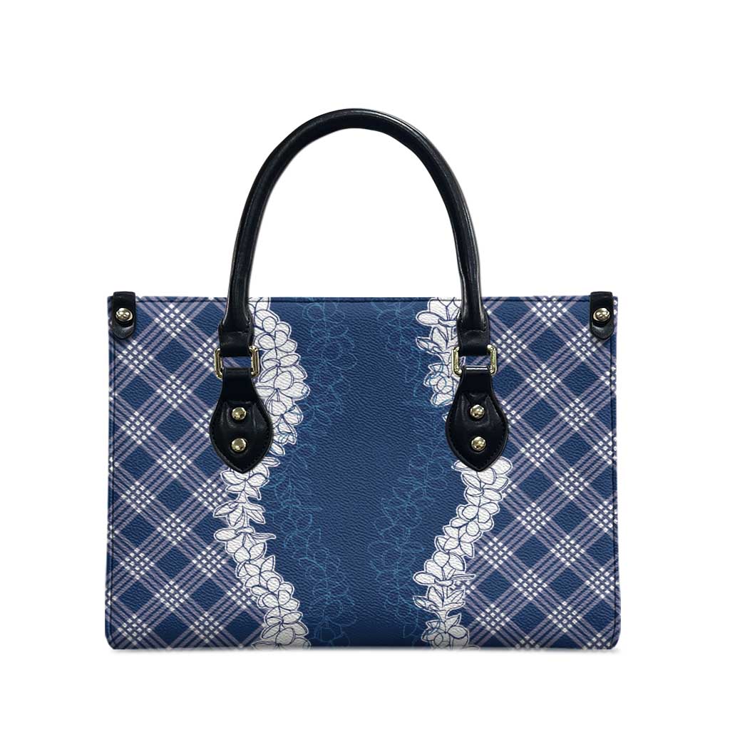 Hawaii Aloha Plumeria Lei Navy Palaka Leather Bag - Polynesian Pride