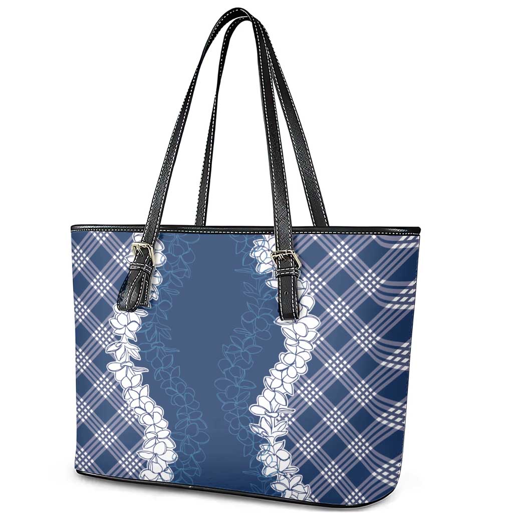 Hawaii Aloha Plumeria Lei Navy Palaka Leather Tote Bag - Polynesian Pride