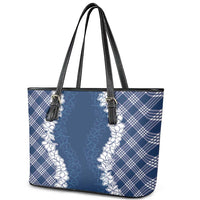 Hawaii Aloha Plumeria Lei Navy Palaka Leather Tote Bag - Polynesian Pride