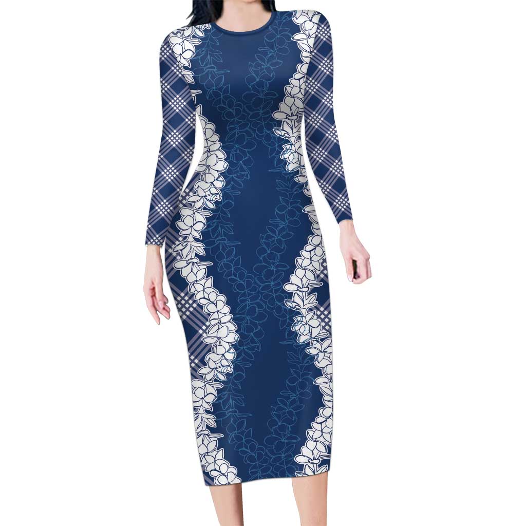 Hawaii Aloha Plumeria Lei Navy Palaka Long Sleeve Bodycon Dress - Polynesian Pride