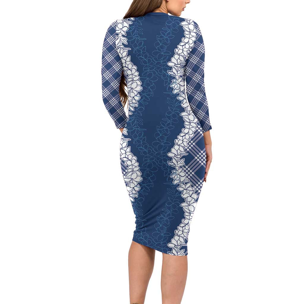 Hawaii Aloha Plumeria Lei Navy Palaka Long Sleeve Bodycon Dress - Polynesian Pride