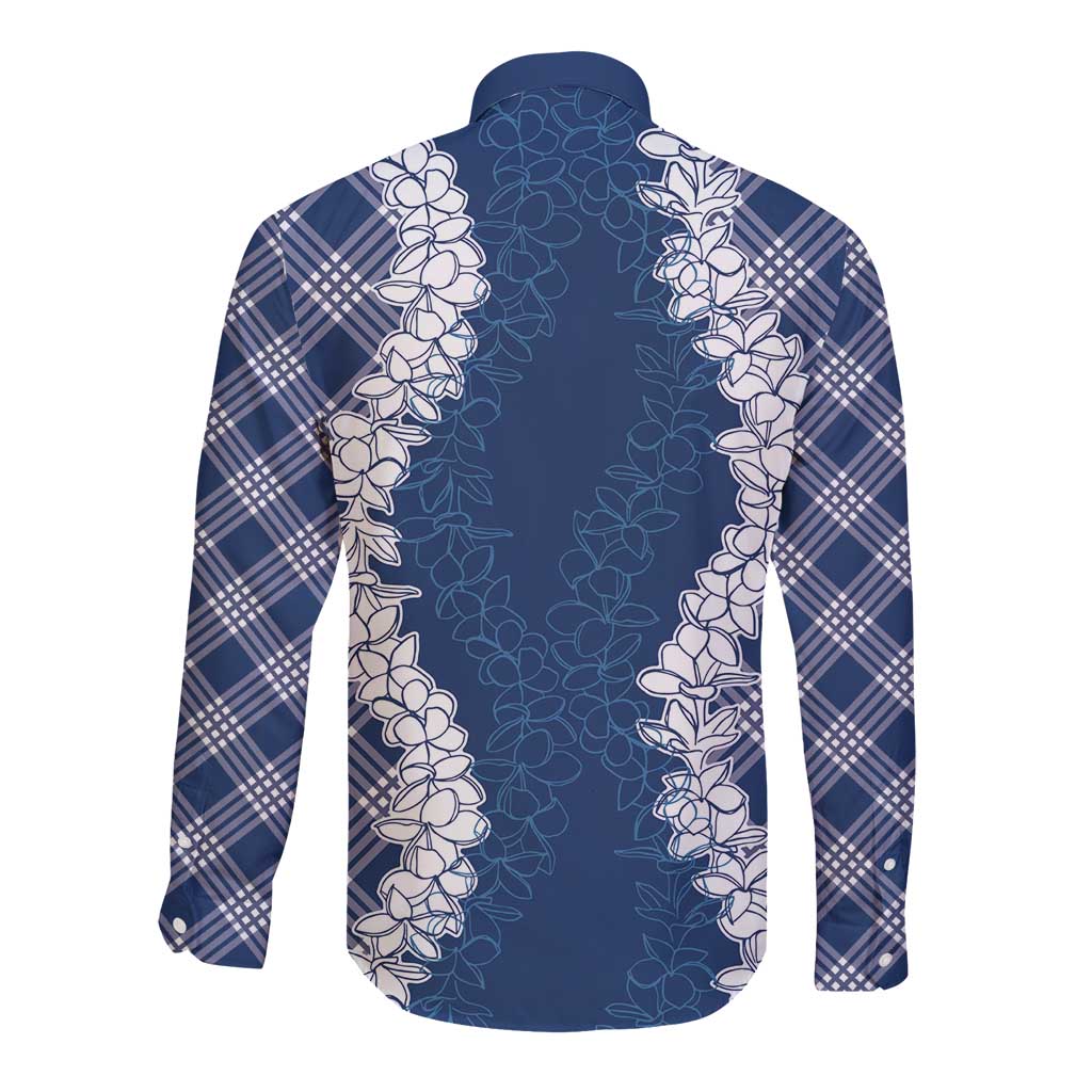 Hawaii Aloha Plumeria Lei Navy Palaka Long Sleeve Button Shirt - Polynesian Pride