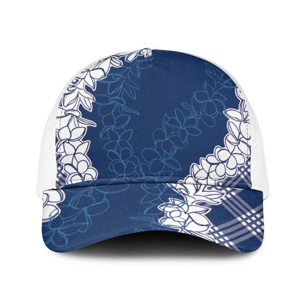 Hawaii Aloha Plumeria Lei Navy Palaka Mesh Trucker Cap - Polynesian Pride