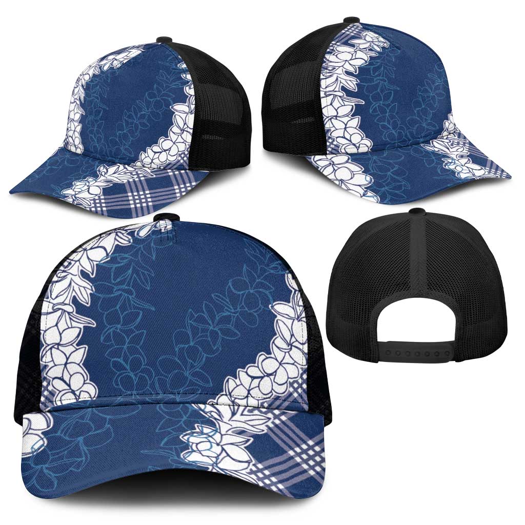 Hawaii Aloha Plumeria Lei Navy Palaka Mesh Trucker Cap - Polynesian Pride