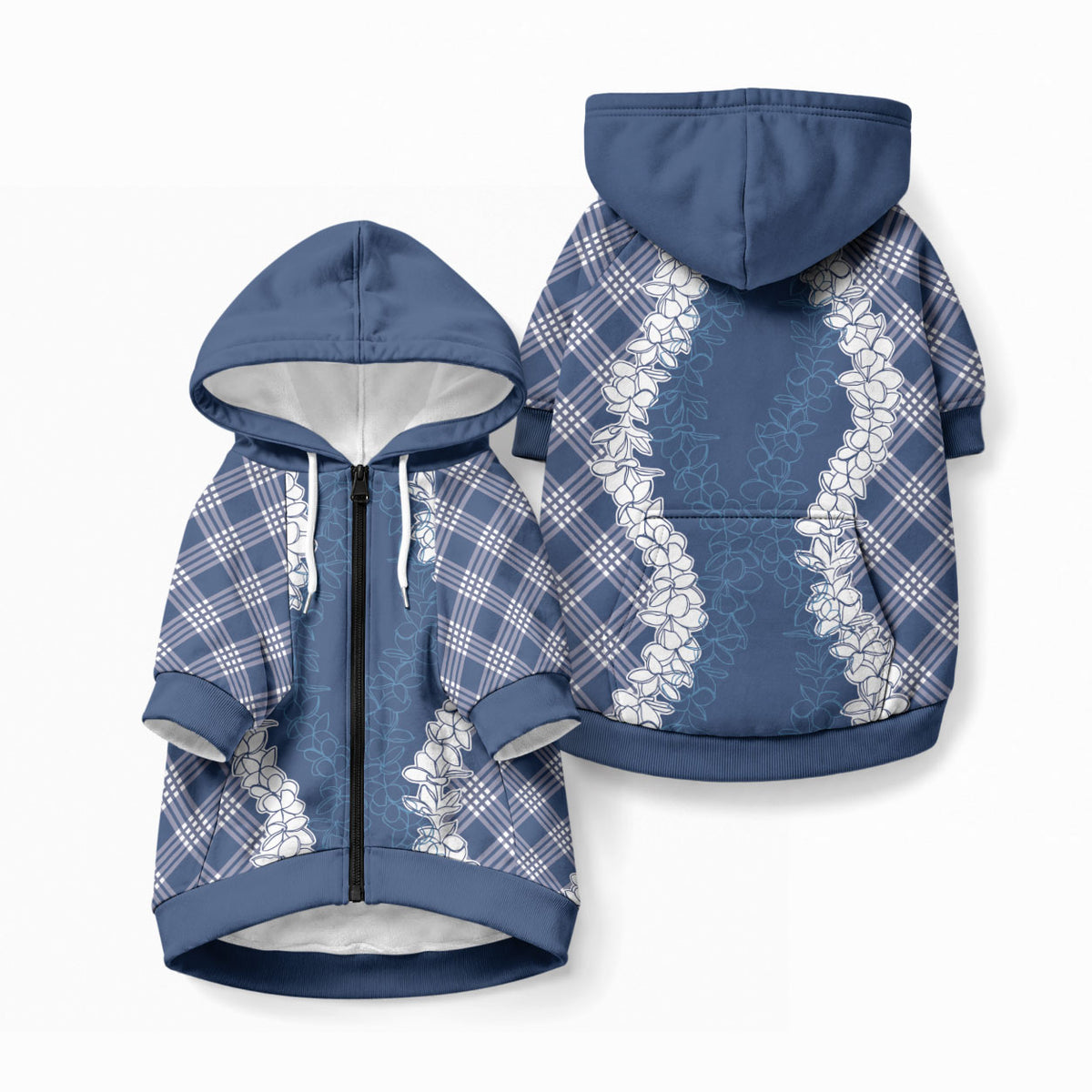 Hawaii Aloha Plumeria Lei Navy Palaka Pet Hoodie