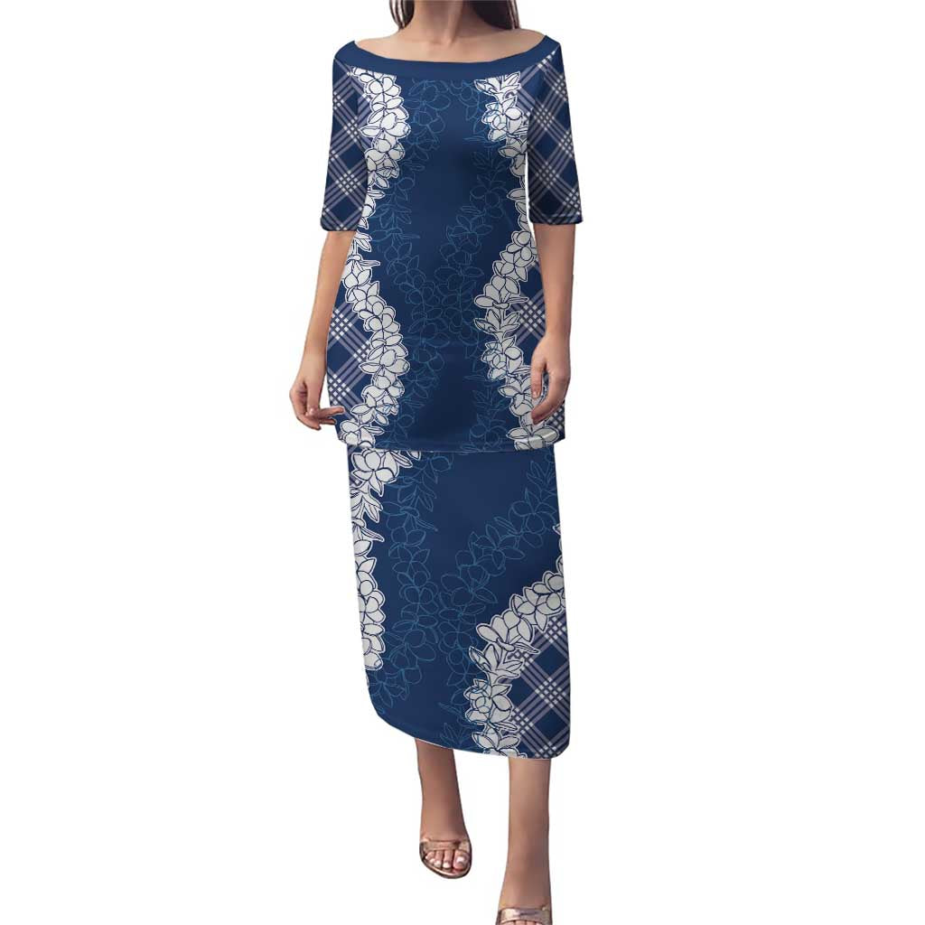 Hawaii Aloha Plumeria Lei Navy Palaka Puletasi - Polynesian Pride