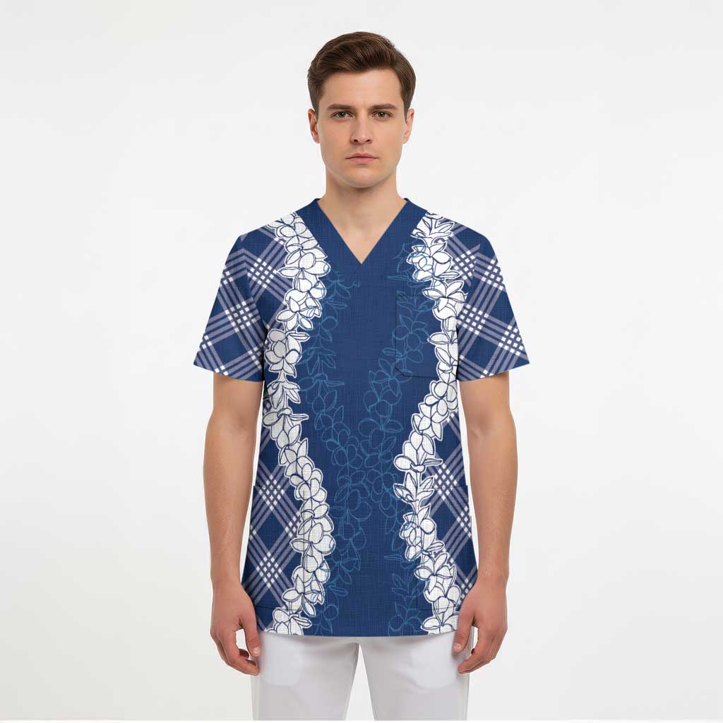 Hawaii Aloha Plumeria Lei Navy Palaka Scrub Top - Polynesian Pride