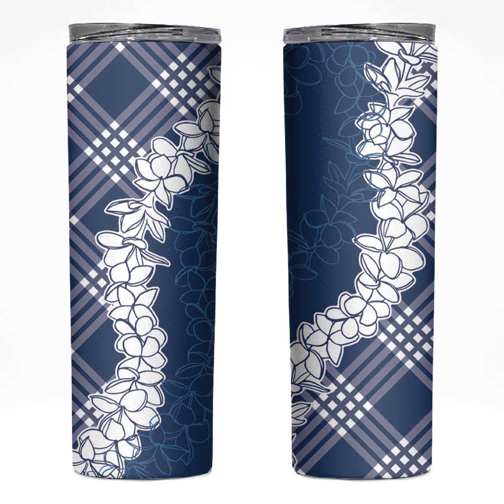 Hawaii Aloha Plumeria Lei Navy Palaka Skinny Tumbler - Polynesian Pride
