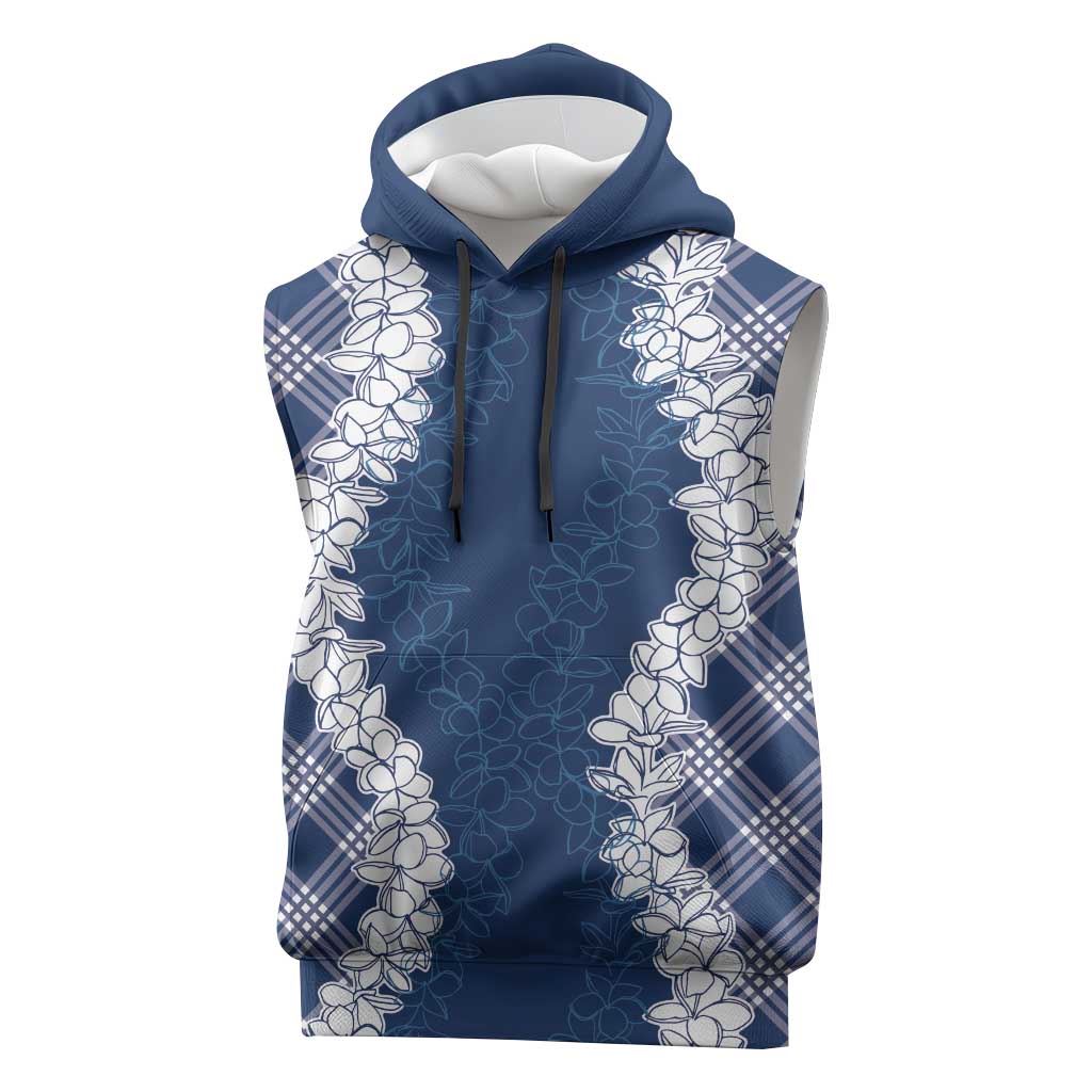 Hawaii Aloha Plumeria Lei Navy Palaka Sleeveless Hoodie - Polynesian Pride