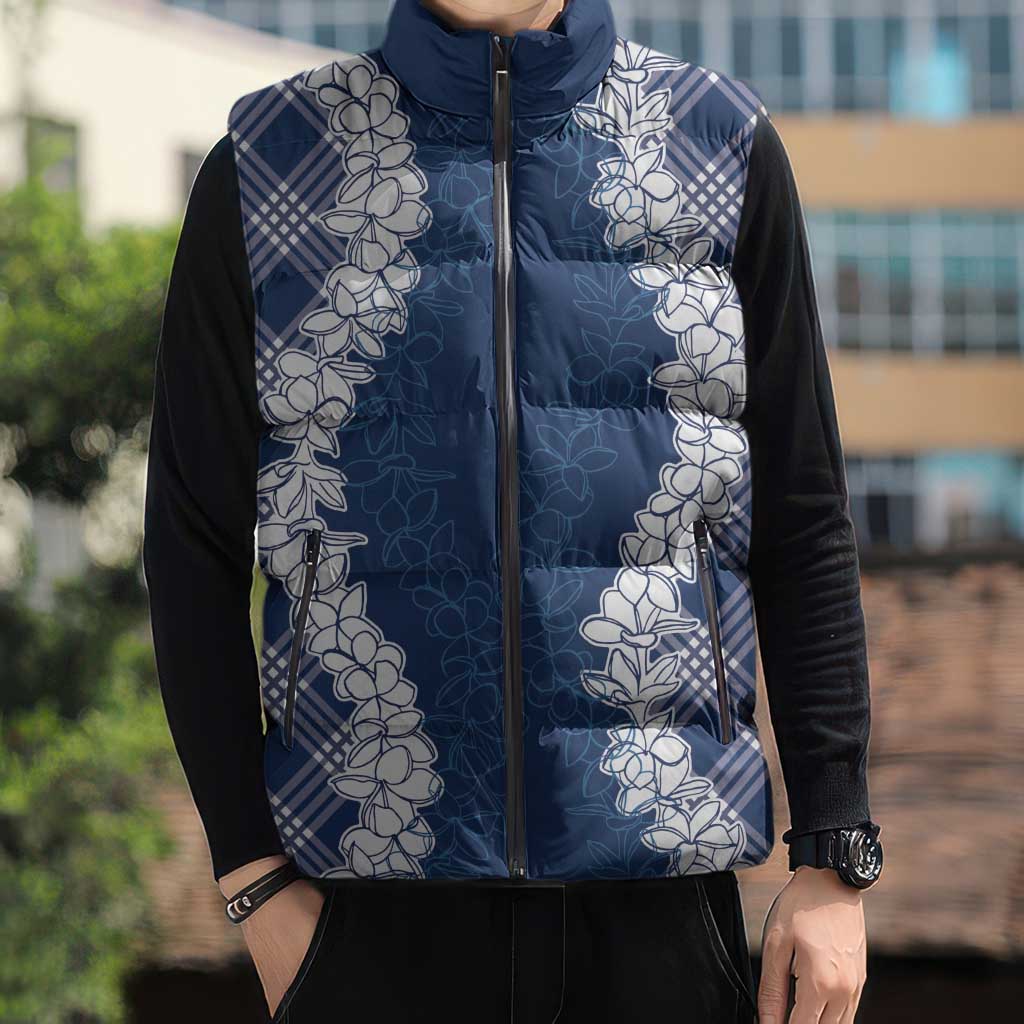 Hawaii Aloha Plumeria Lei Navy Palaka Sleeveless Puffer Jacket LT7 - Polynesian Pride