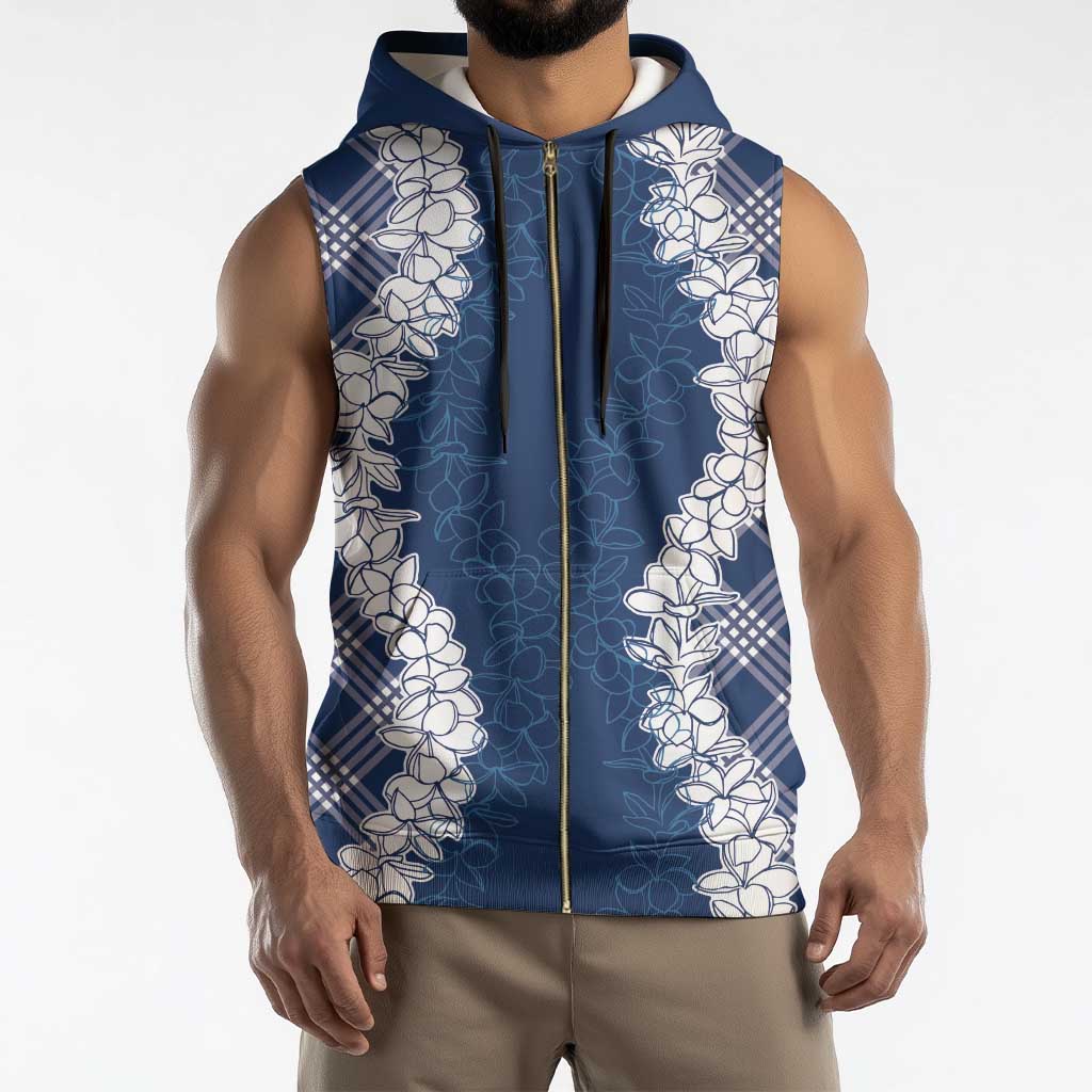 Hawaii Aloha Plumeria Lei Navy Palaka Sleeveless Zip Hoodie - Polynesian Pride