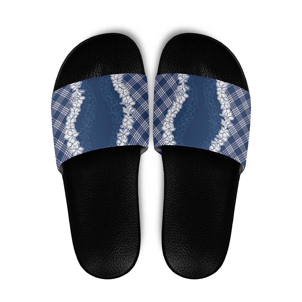 Hawaii Aloha Plumeria Lei Navy Palaka Slide Sandals - Polynesian Pride