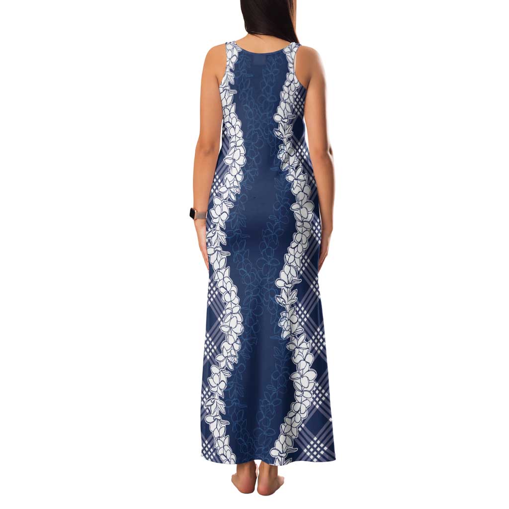 Hawaii Aloha Plumeria Lei Navy Palaka Tank Maxi Dress - Polynesian Pride