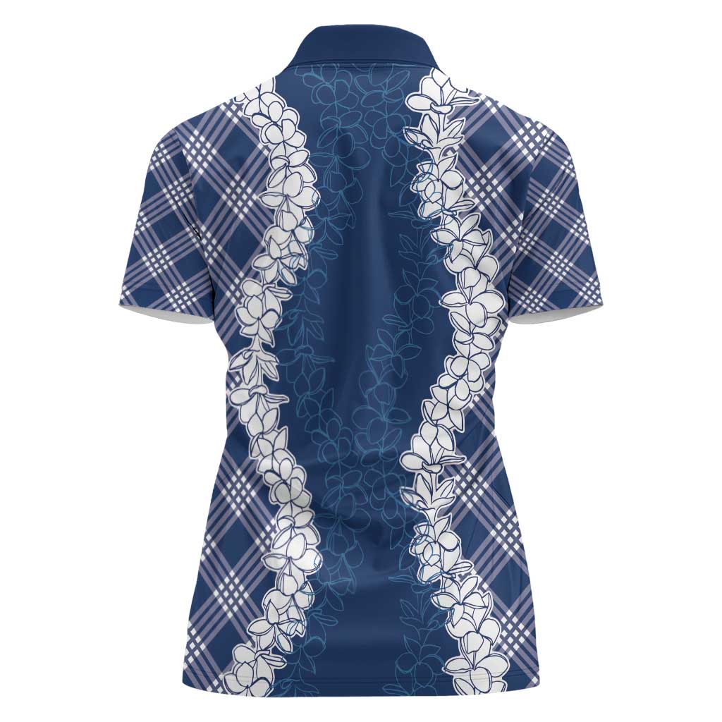 Hawaii Aloha Plumeria Lei Navy Palaka Women Polo Shirt - Polynesian Pride