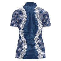 Hawaii Aloha Plumeria Lei Navy Palaka Women Polo Shirt - Polynesian Pride