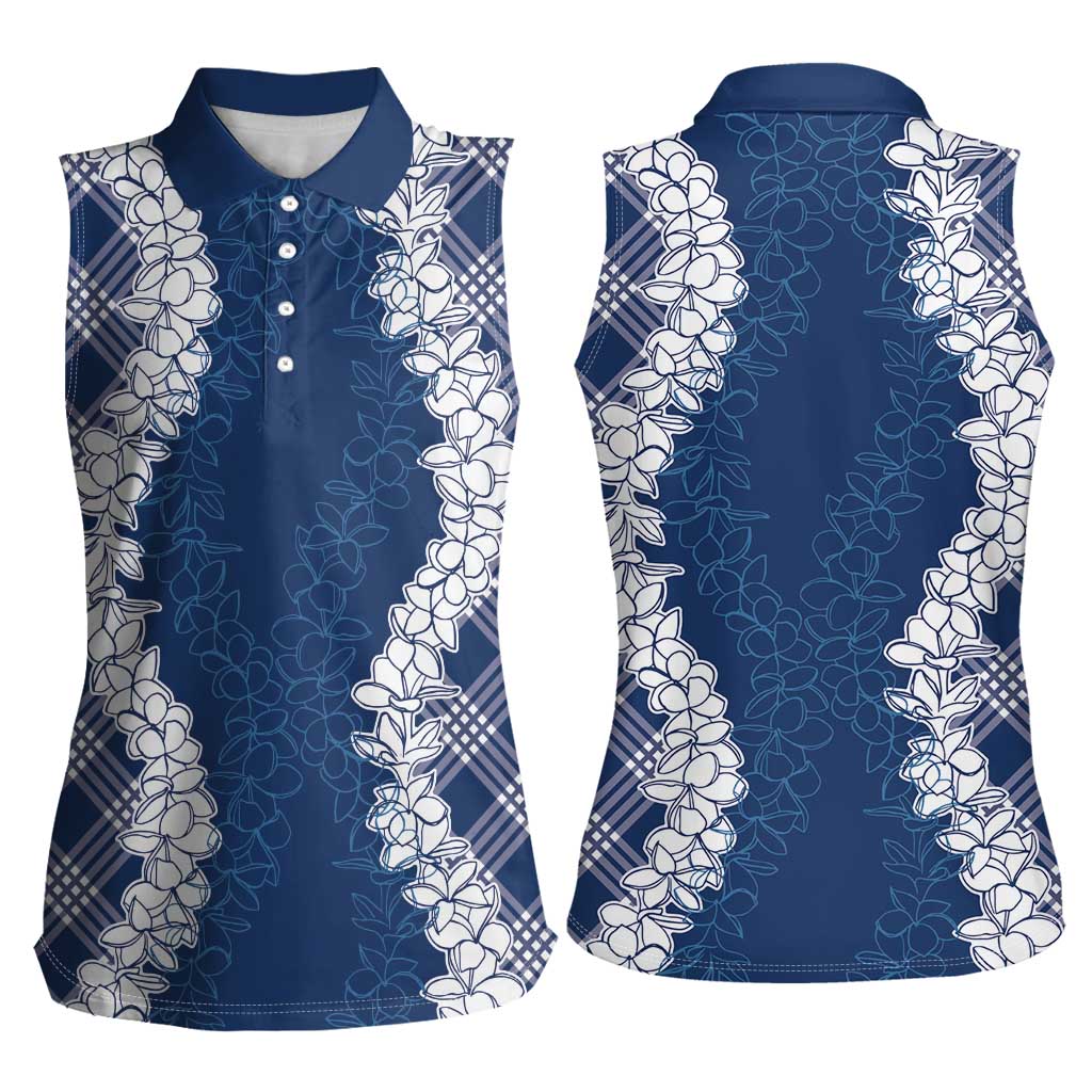 Hawaii Aloha Plumeria Lei Navy Palaka Women Sleeveless Polo Shirt - Polynesian Pride