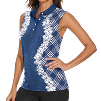 Hawaii Aloha Plumeria Lei Navy Palaka Women Sleeveless Polo Shirt - Polynesian Pride