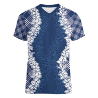 Hawaii Aloha Plumeria Lei Navy Palaka Women V-Neck T-Shirt - Polynesian Pride